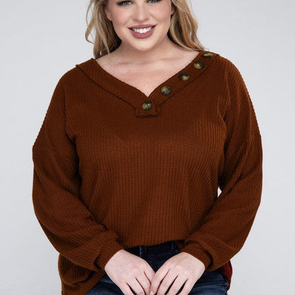 Plus Brushed Waffle V-Neck Button Detail Sweater