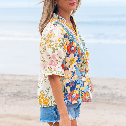 Luxury Multicolour Crochet V Neck Half Sleeve Boho Floral Blouse