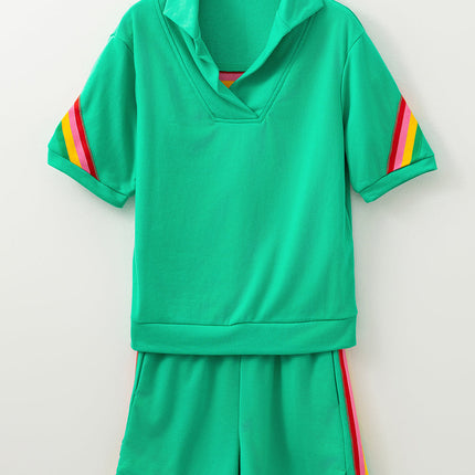 Luxury Rainbow Colorblock Collared Short Sleeve Top 2 Piece Shorts Set