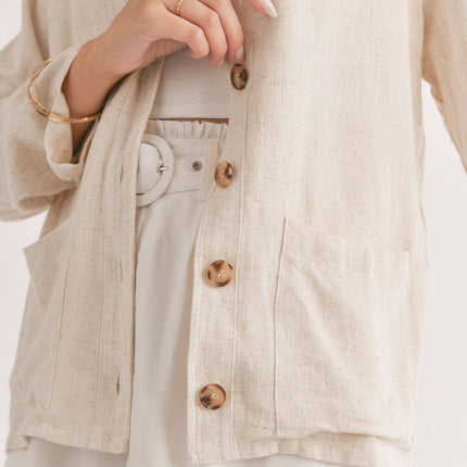 Linen Blend Jacket With Pockets: OATMEAL