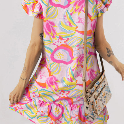 Luxury Abstract Floral Ruffle Trim Flutter Sleeve Buttoned Dress