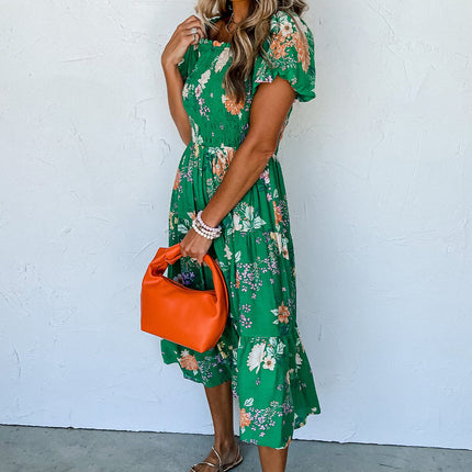 Luxury Floral Print Bubble Sleeve Smocked Tiered Midi Dress