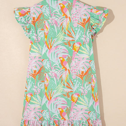Luxury Abstract Floral Ruffle Trim Flutter Sleeve Buttoned Dress