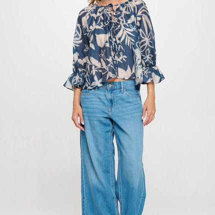 Blue & Tan Round Neck Top with Front Tie Detail