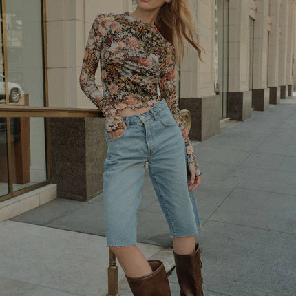 Floral Mesh Long-Sleeve Mock Neck Top