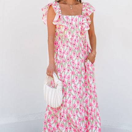 Luxury Floral Print Square Neck Ruffled Strap Maxi Dress