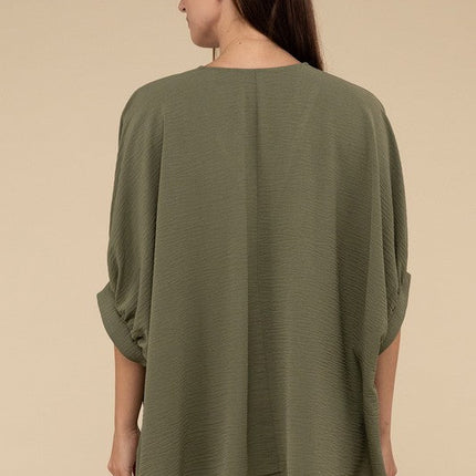 Woven Airflow V-Neck Puff Half Sleeve Top
