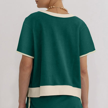 Luxury Colorblock Edge Drop Shoulder T Shirt and Skort Set