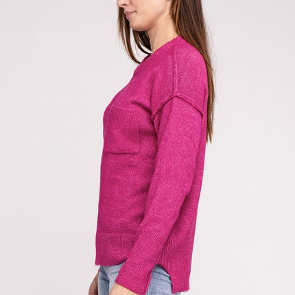 Melange Hi-Low Hem Round Neck Sweater