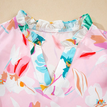 Multicolour Floral Patchwork Frill Notched Neck Ru