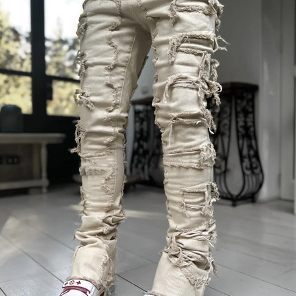 Patched Pants Long Tight Fit Stacked Jeans