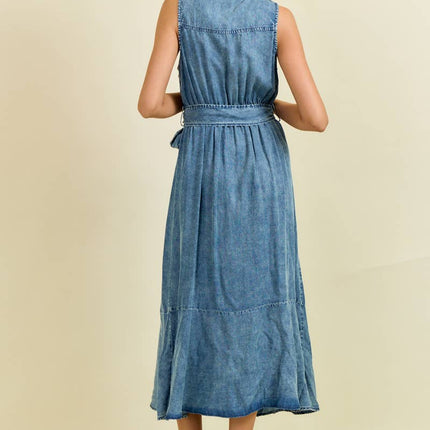 Denim Look Midi Dress with Tie Belt