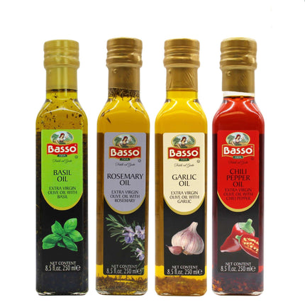 Basso 1904 Infused Extra Virgin Olive Oil Gift Set – Garlic, Chili Pepper, Rosemary, Basil – 4 x 8.5 fl oz (250 ml)