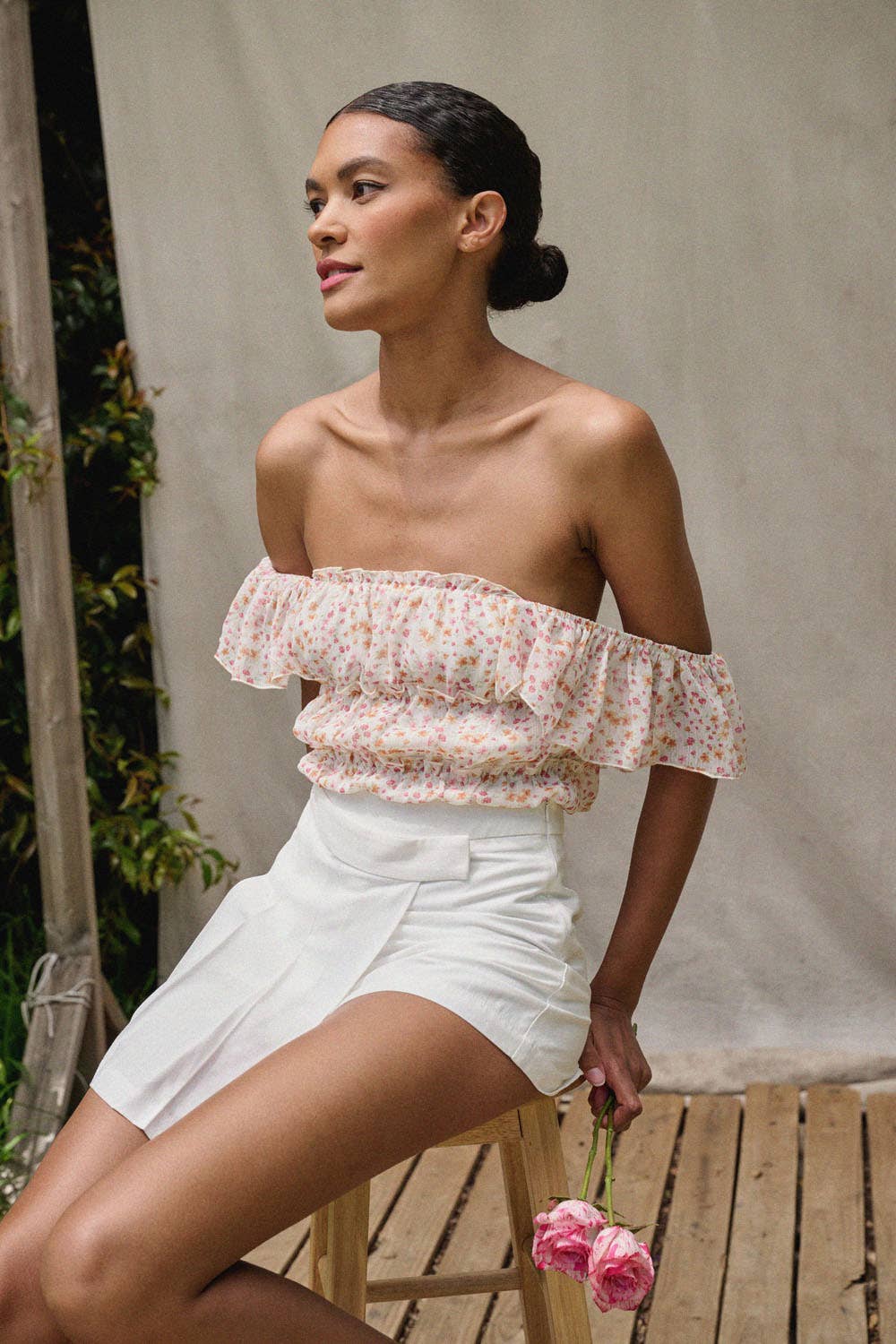 Floral Square Neck Gather Bodice Low Back Bodysuit