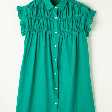 Green Shirred Ruffle Sleeve Button Up Short Dress
