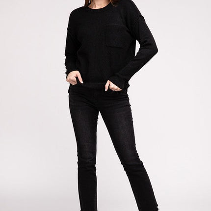 Melange Hi-Low Hem Round Neck Sweater
