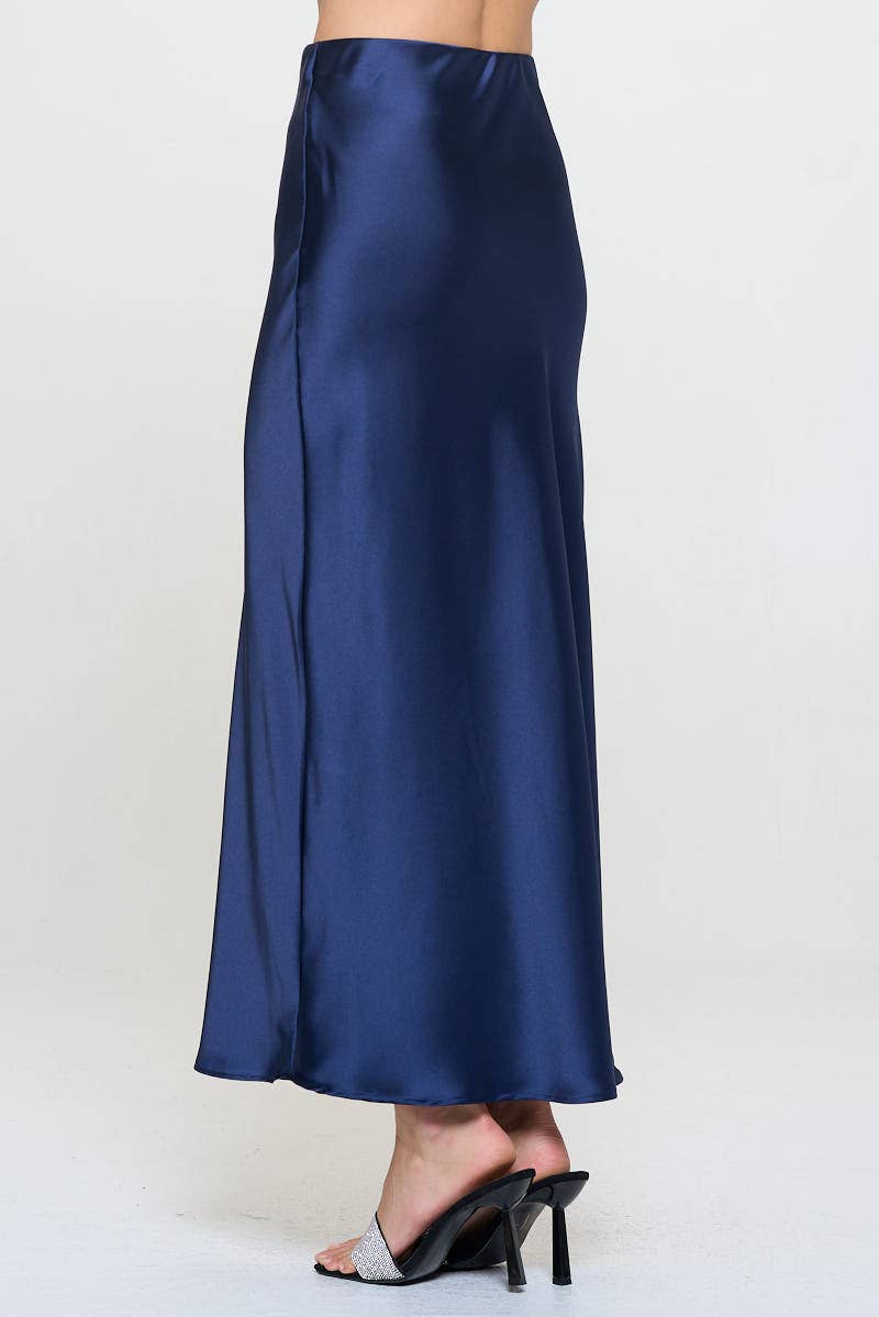 Navy Silky Satin Maxi Skirt