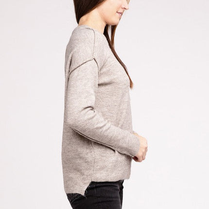 Melange Hi-Low Hem Round Neck Sweater