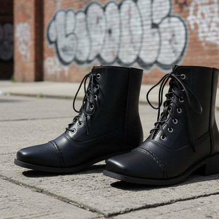 Women’s Lace-Up Square Toe Motorcycle Boots – Comfortable Outdoor Riding Boots