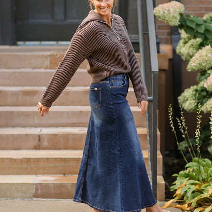 Bethany Dark Wash A-line Long Denim Skirt
