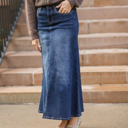 Bethany Dark Wash A-line Long Denim Skirt