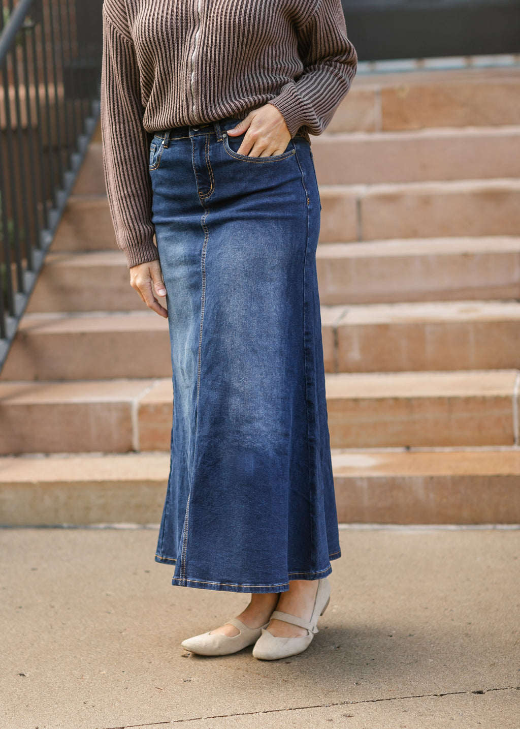 Bethany Dark Wash A-line Long Denim Skirt