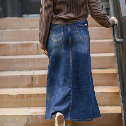 Bethany Dark Wash A-line Long Denim Skirt