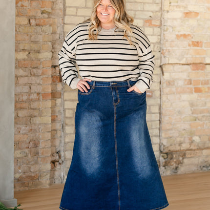 Bethany Dark Wash A-line Long Denim Skirt