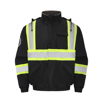Kiwi High Visibility Hooded & Sherpa Lined ANSI/ISEA 107-2020 Reflector Contrast Trimmed Water Resistant Black Safety Jacket [71200]