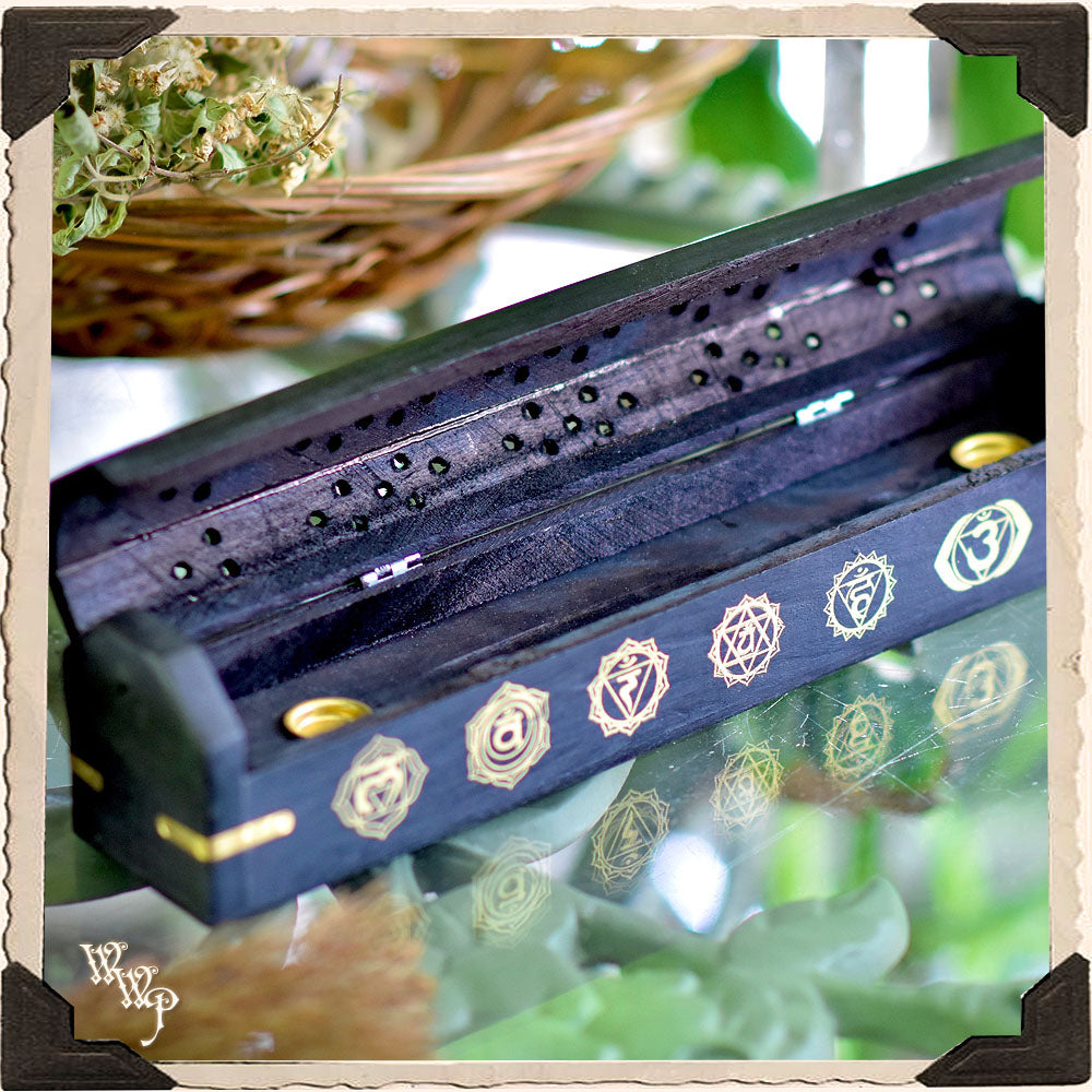 CHAKRA SYMBOLS BLACK COFFIN BOX. Wooden Incense Burner for Incense Stick & Cone Holder.
