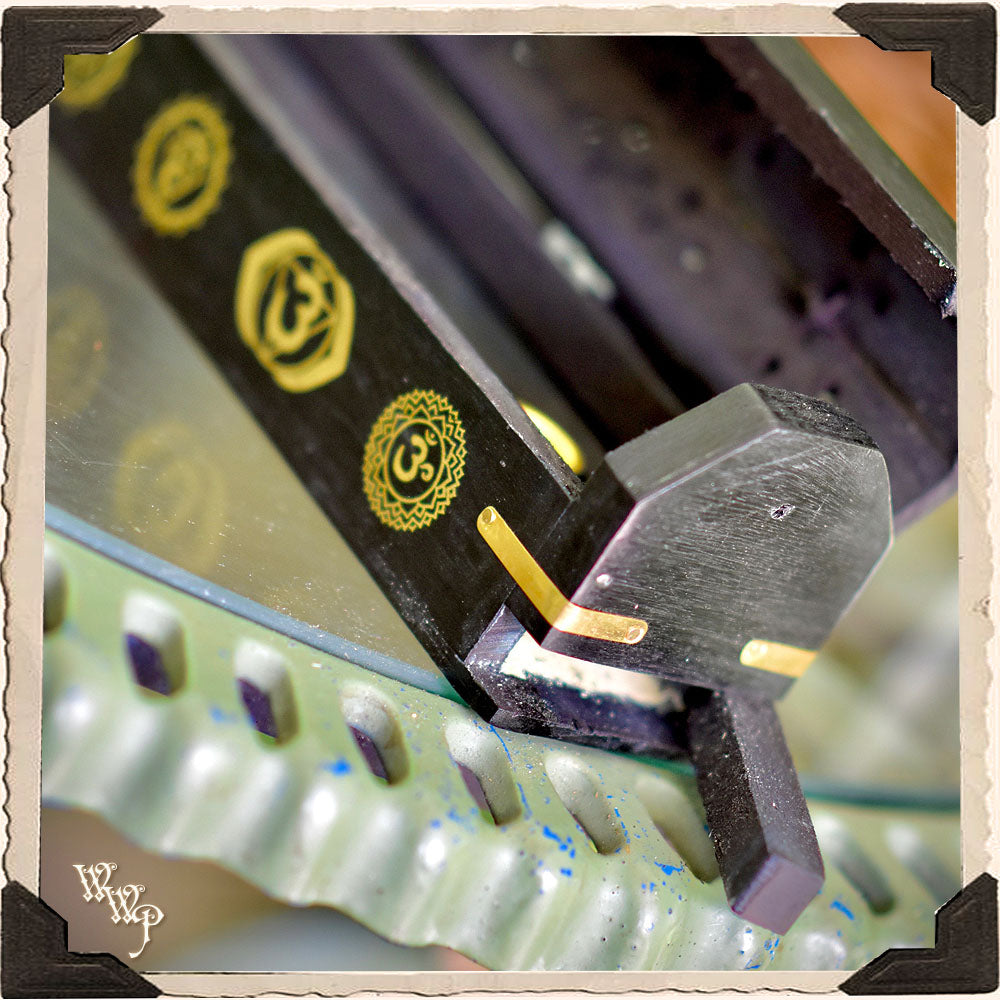 CHAKRA SYMBOLS BLACK COFFIN BOX. Wooden Incense Burner for Incense Stick & Cone Holder.