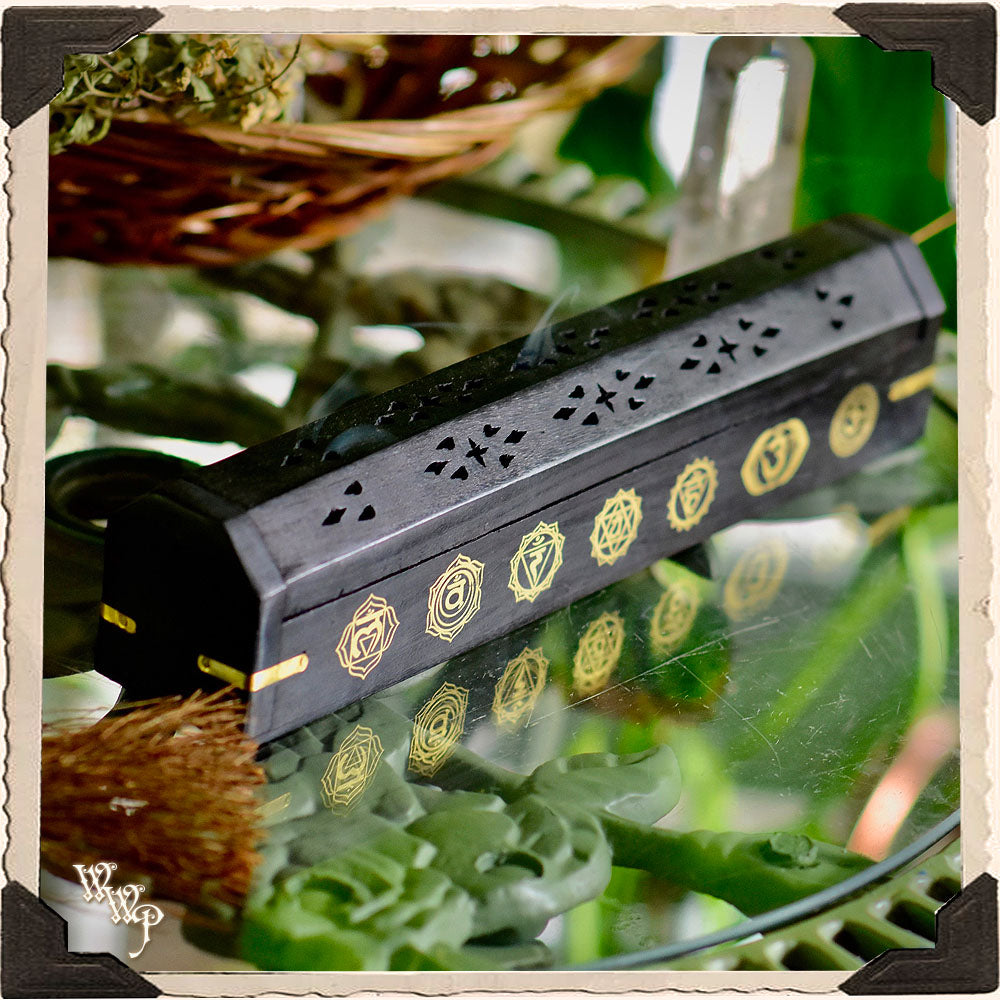 CHAKRA SYMBOLS BLACK COFFIN BOX. Wooden Incense Burner for Incense Stick & Cone Holder.