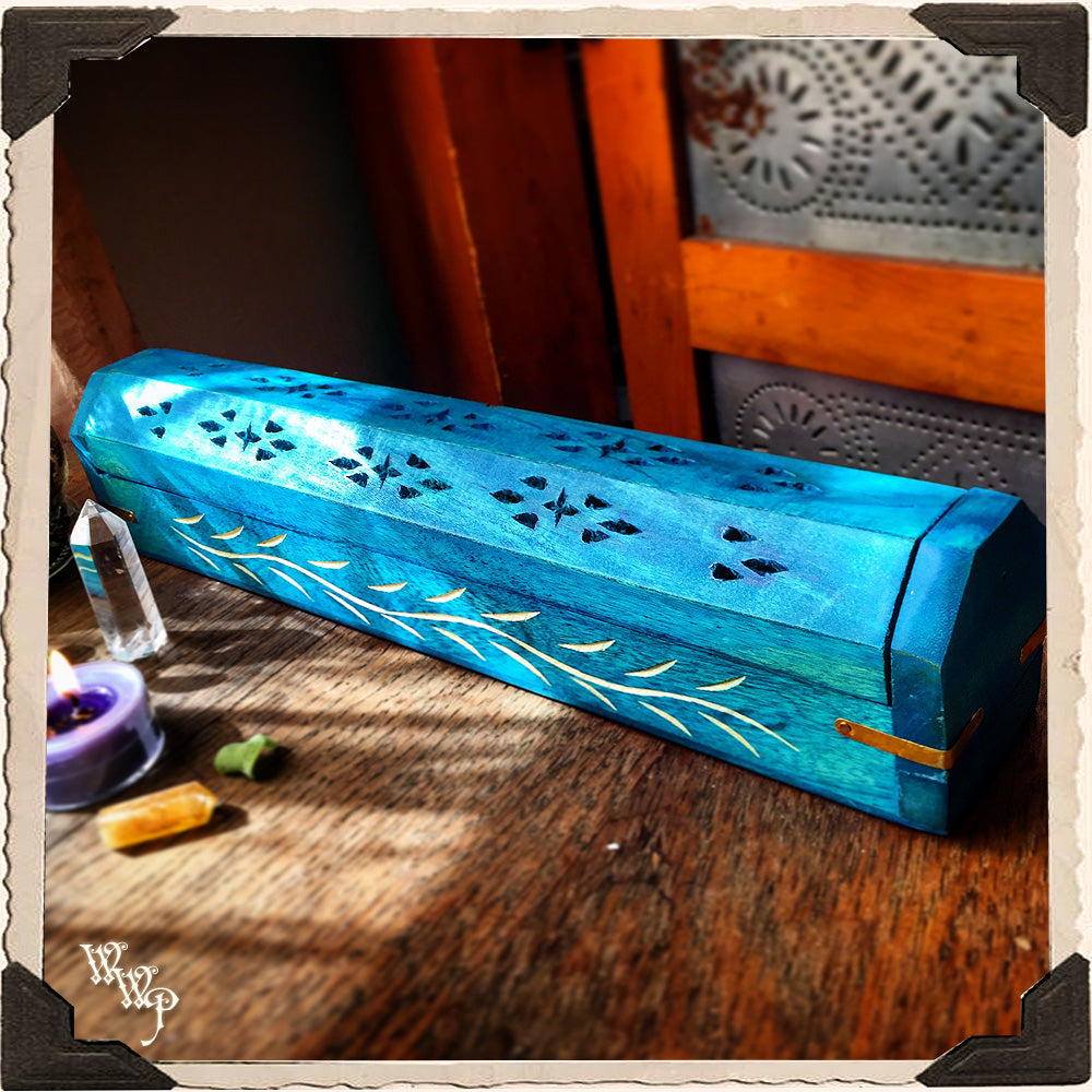 GYPSY TEAL WOODEN INCENSE BURNER. Box For Incense Sticks & Cones.