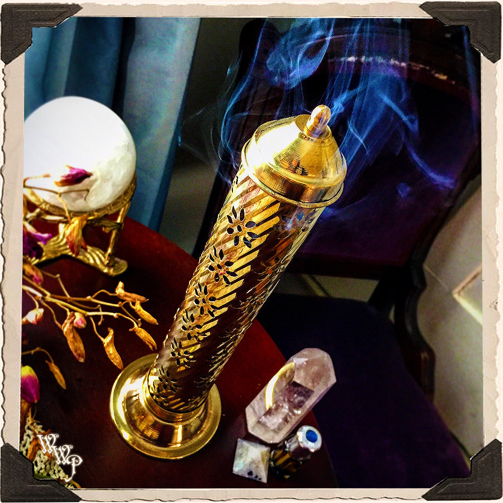 BRASS INCENSE BURNER TOWER. Upright Victorian Style Aluminum Incense Stick Holder.