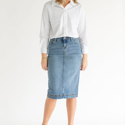 Bryn Light Wash Denim Midi Skirt