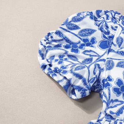 Blue Flower Print Puff Sleeve Tiered Dress