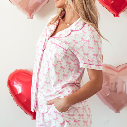 Luxury Bowknot Printed Short Sleeve and Ruffled Shorts Pajama Set
