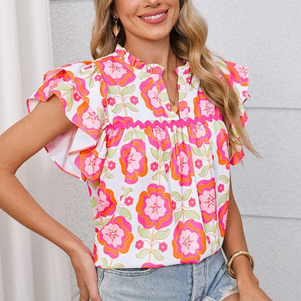 Rose Boho Floral Print Ricrac Ruffle Sleeve Blouse