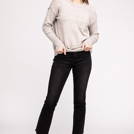 Melange Hi-Low Hem Round Neck Sweater