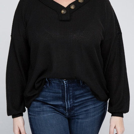 Plus Brushed Waffle V-Neck Button Detail Sweater