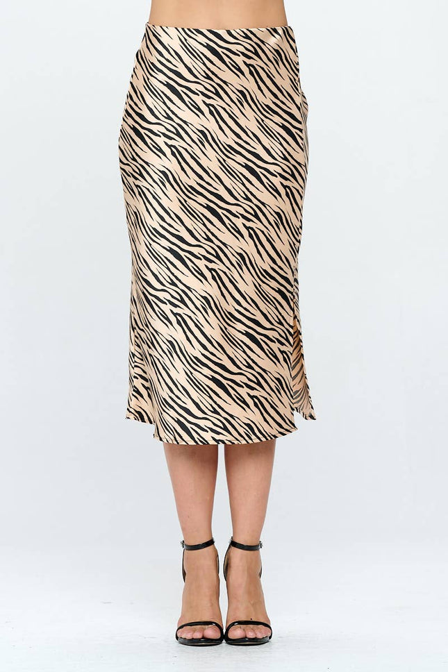 Zebra Print Satin Midi Skirt