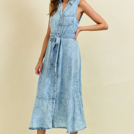 Denim Look Midi Dress with Tie Belt