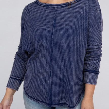 Plus Washed Baby Waffle Oversized Long Sleeve Top