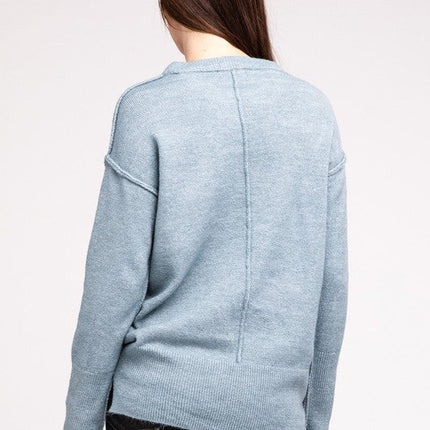 Melange Hi-Low Hem Round Neck Sweater