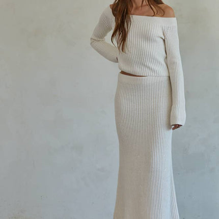 Knit Ribbed Sweater Midi Skirt-Cream