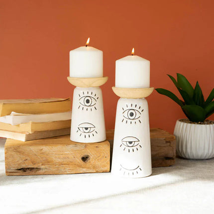 2-Piece Ceramic Candle Holders w/ Eyes