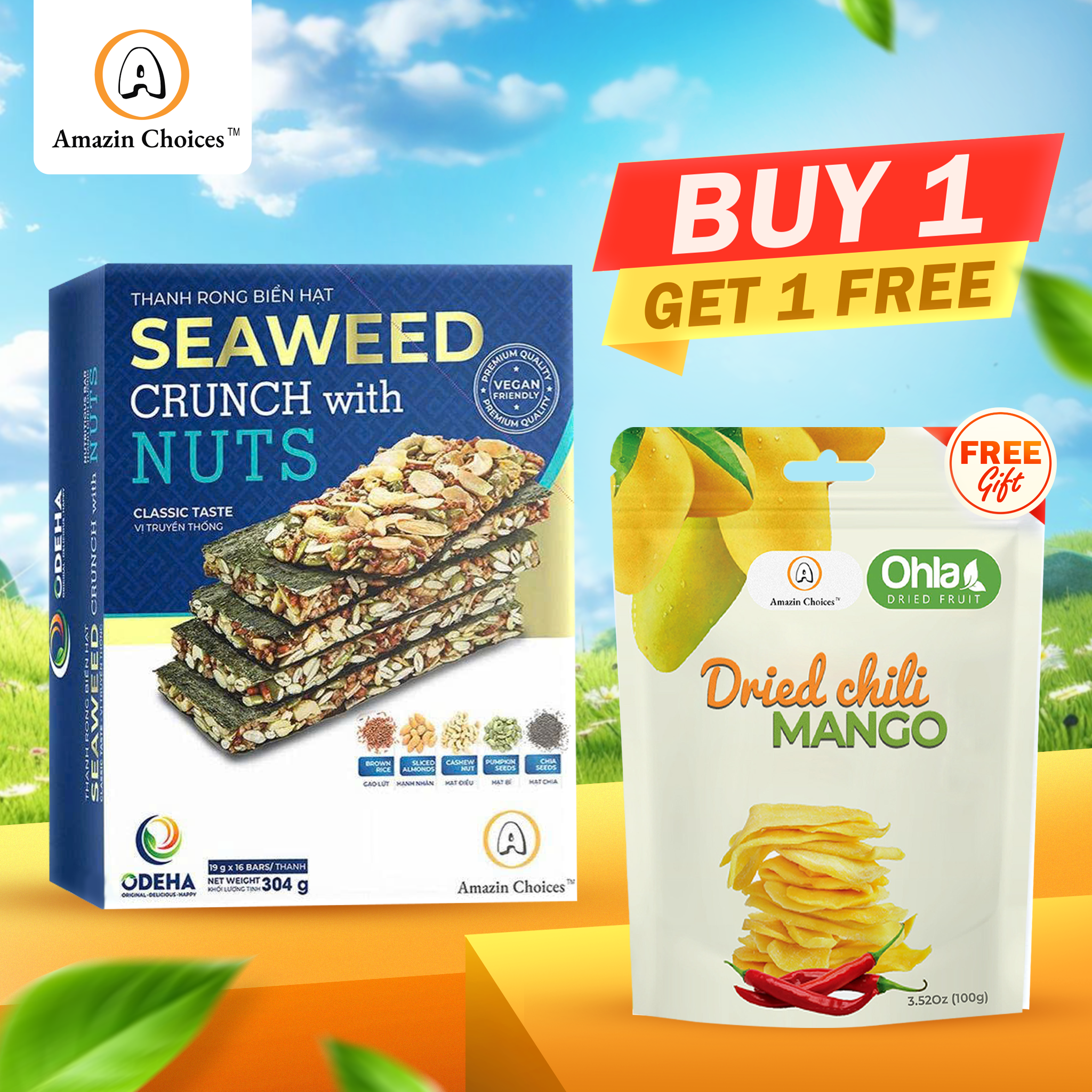 Amazin Choices Premium Seaweed Crunch with Nuts (16 Bars) – Healthy Vegan Snack – Buy for $19.99 Get FREE Dried Chili Mango 3.52oz ($7.99 Value) – Snack Viet