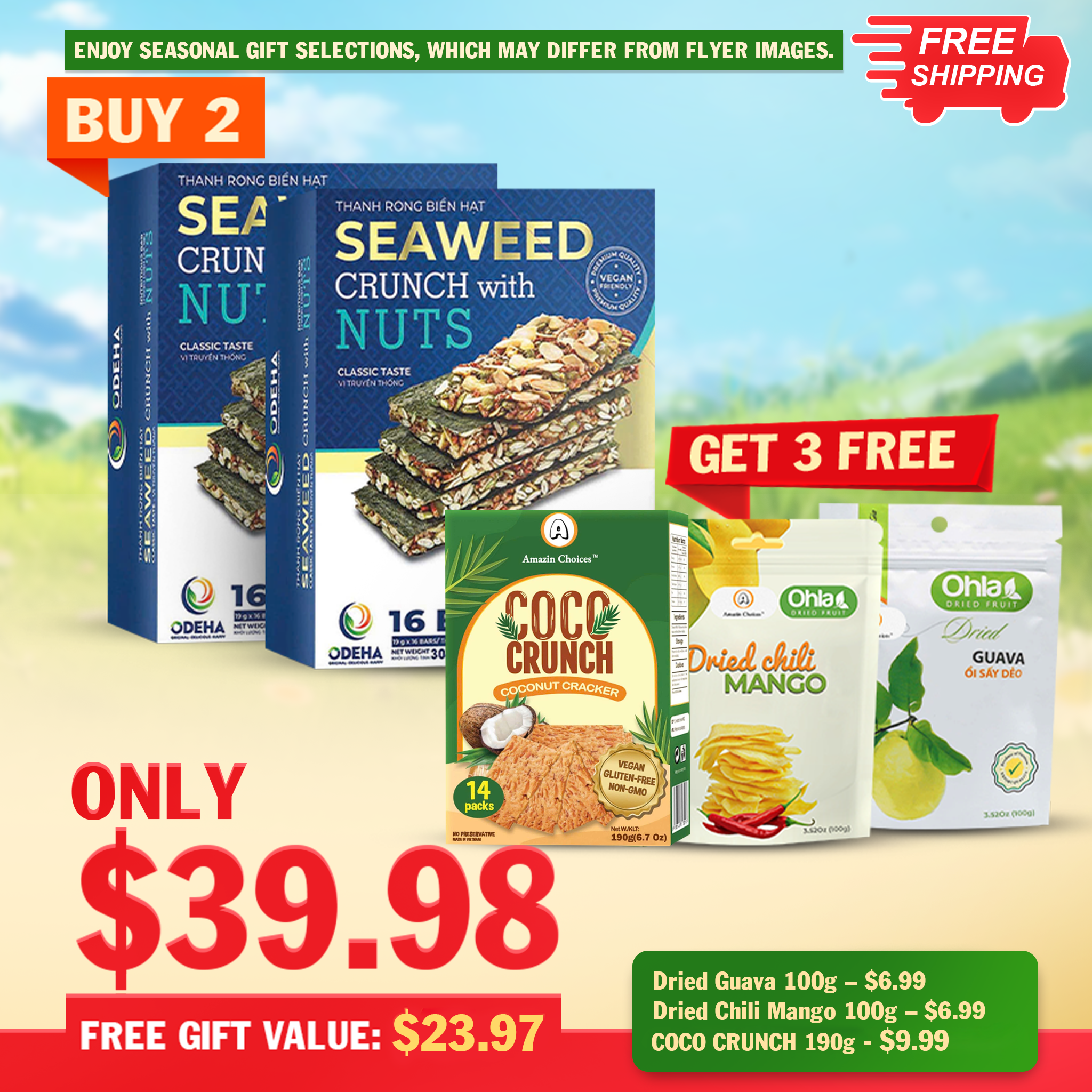Buy for $39.98, Get 3 FREE Snack Gifts ($20.97 Value) – Amazin Choices Premium Seaweed Crunch with Nuts, 2 Boxes (32 Bars) – Gifts: Dried Guava, Coconut Cracker & Dried Chili Mango