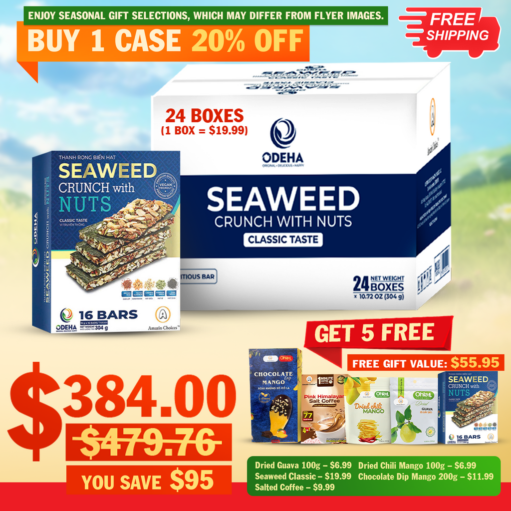 BIG DEAL! Buy 1 Case Seaweed Crunch with Nuts (24 Boxes, 16 Bars Each) – Original Price $479.76 → Now $384 (20% OFF) + FREE Viet Snack Gift Set ($95 Value: Dried Guava, Chili Mango, Wasabi Seaweed, Pink Salt Coffee, Chocolate Dip Mango)
