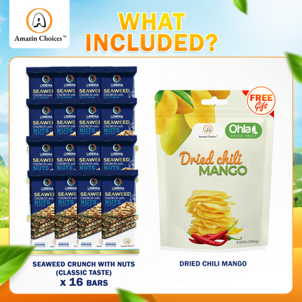 Amazin Choices Premium Seaweed Crunch with Nuts (16 Bars) – Healthy Vegan Snack – Buy for $19.99 Get FREE Dried Chili Mango 3.52oz ($7.99 Value) – Snack Viet